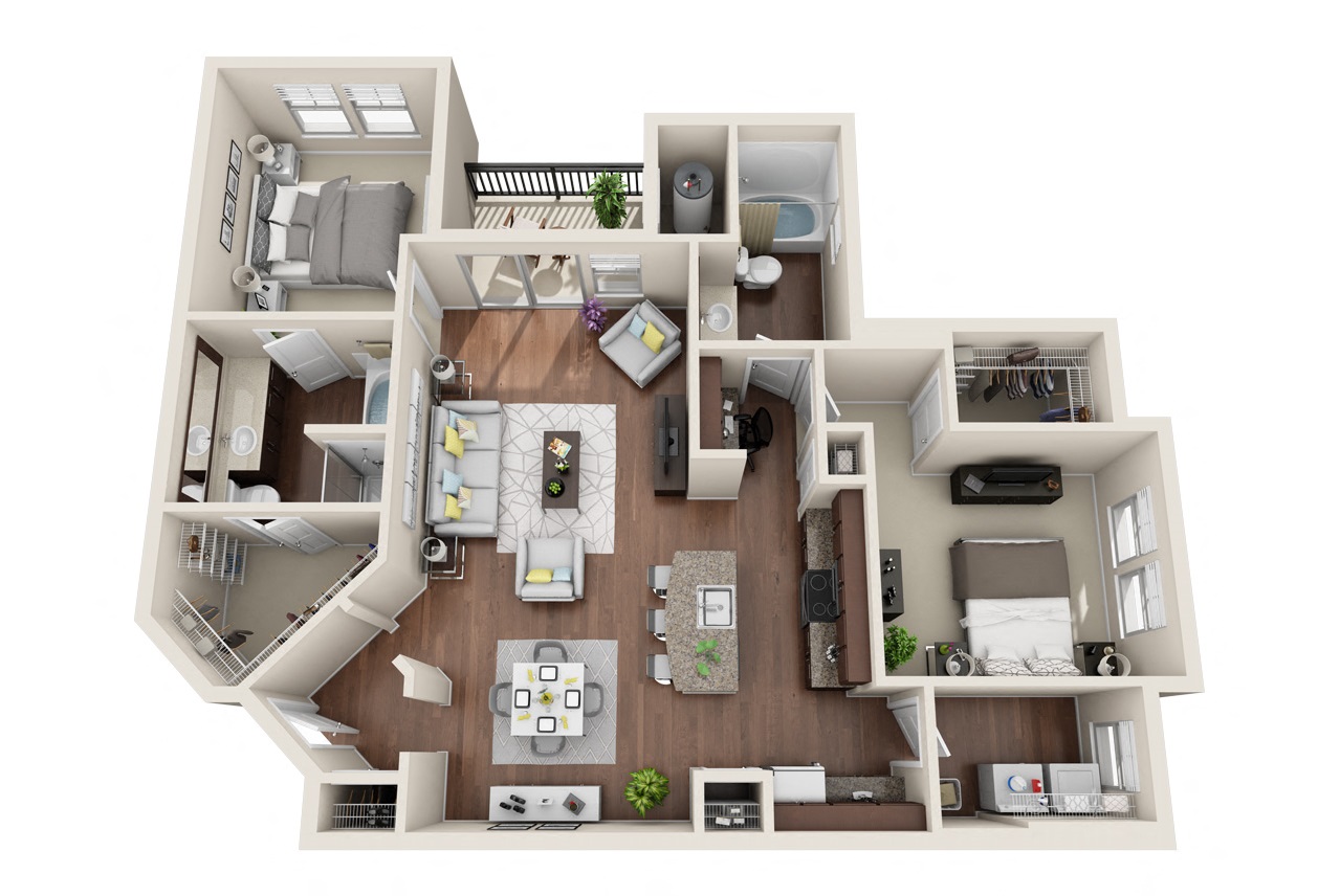 Floor plan for 2 beds, 2 baths, 1316 sqft